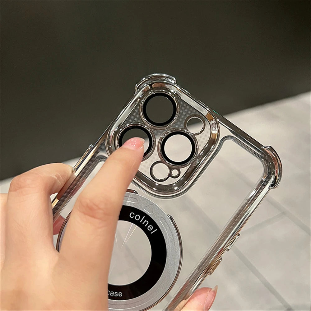 Luxury Plating Shockproof Magnetic Bracket For Magsafe Clear Case For iPhone 15 16 14 13 12 17 Pro Max With Holder Stand Cover - Maliame Store