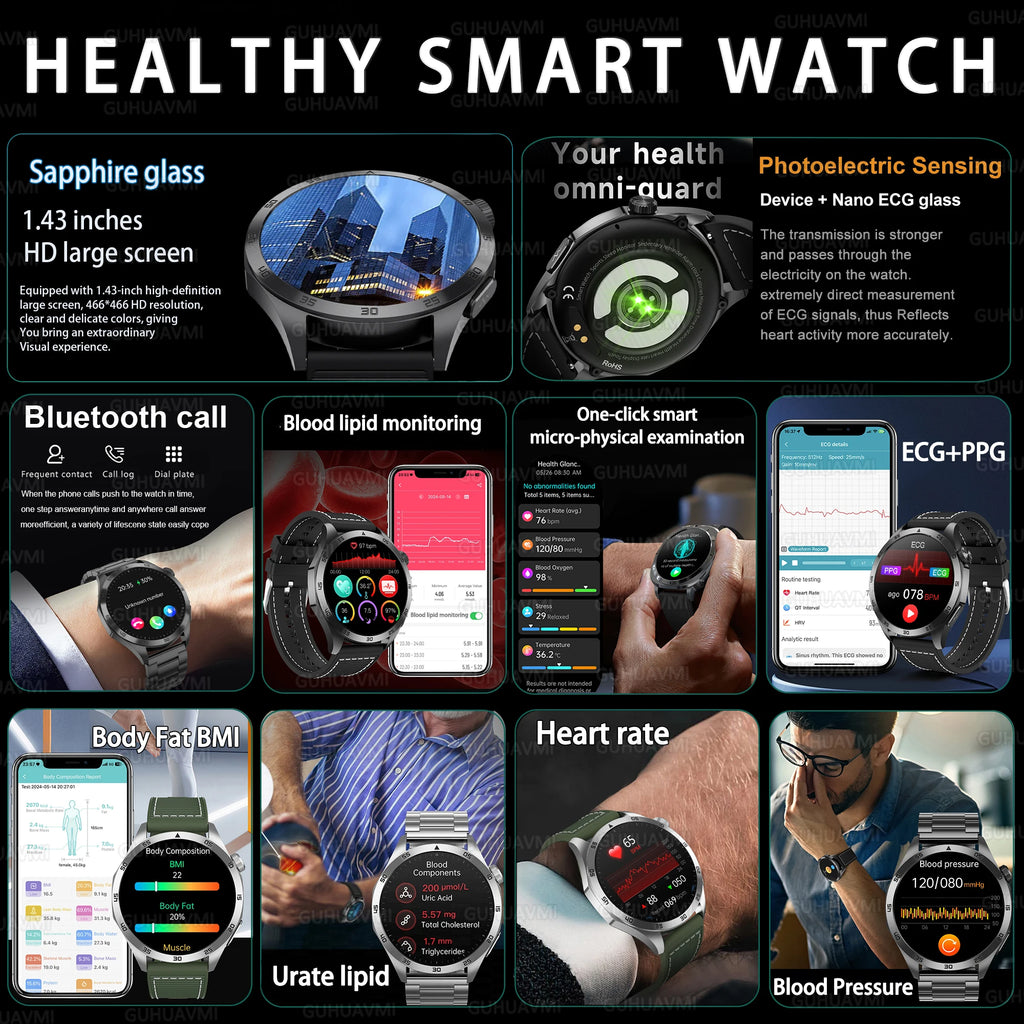 2025New Micro Physical Examination Blood Lipids Uric Acid Blood Pressure Smart Watch ECG+PPG Clock Bluetooth Call Smartwatch Men