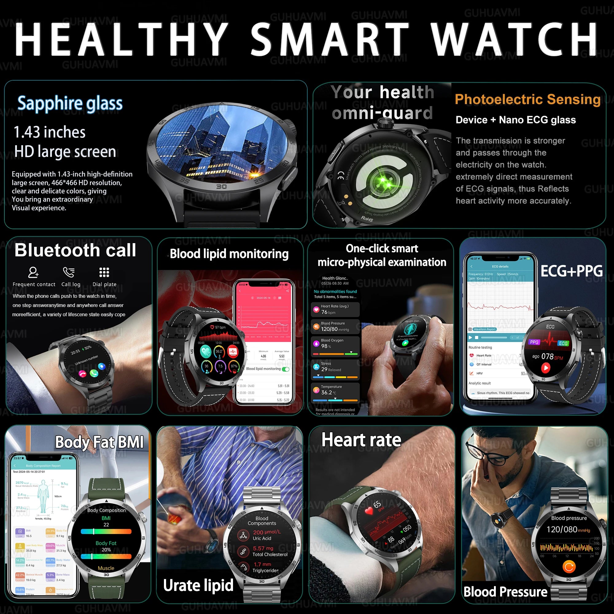 2025New Micro Physical Examination Blood Lipids Uric Acid Blood Pressure Smart Watch ECG+PPG Clock Bluetooth Call Smartwatch Men