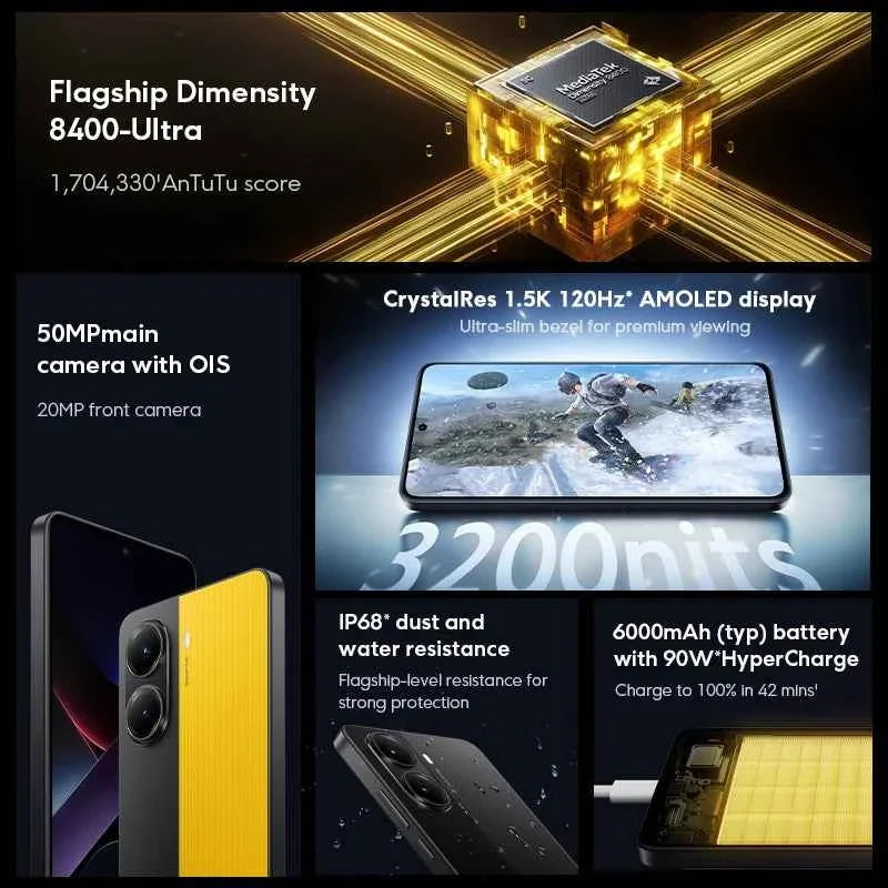 POCO X7 Pro Global Version Mobile Phone 6000mAh Battery 90W HyperCharge Dimensity 8400-Ultra 120Hz 1.5K display IP68 NFC - Maliame Store