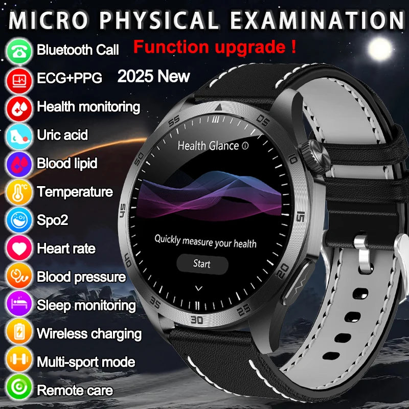 2025New Micro Physical Examination Blood Lipids Uric Acid Blood Pressure Smart Watch ECG+PPG Clock Bluetooth Call Smartwatch Men