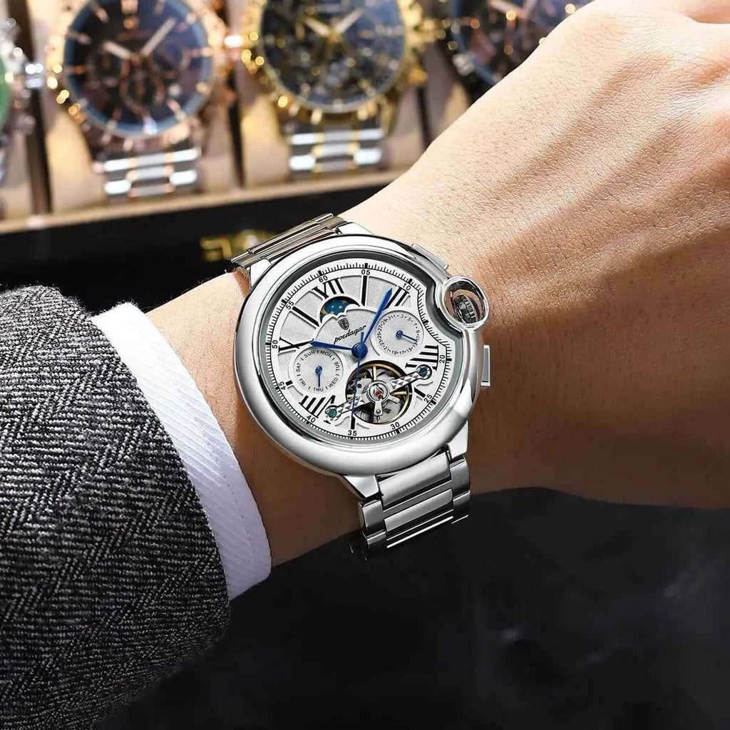 POEDAGAR Luxury Business Male Watch Date Week Stainless Steel Tourbillon Men Clock Waterproof Automatic Mechanical Men's Watches - Maliame Store
