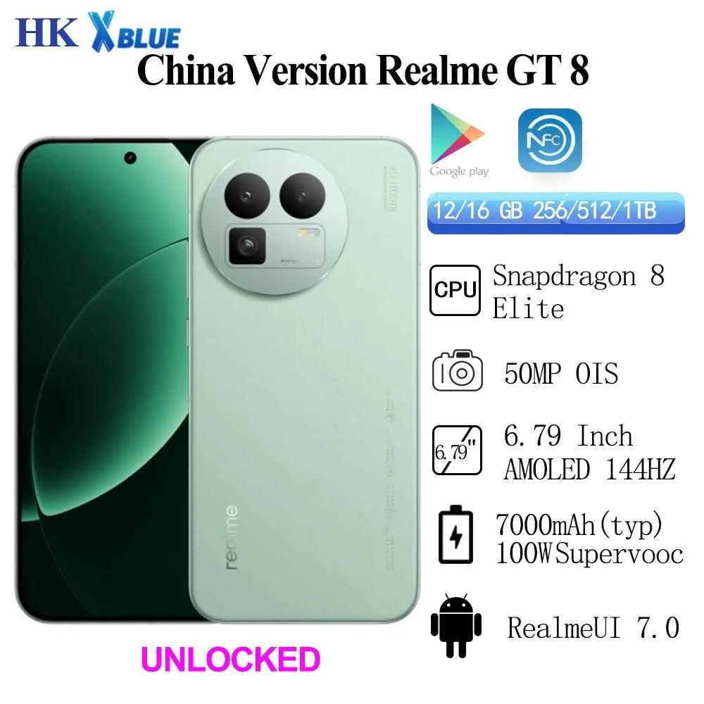 Realme GT 8 Unlocked  Snapdragon 8 Elite NFC OTA 7000 mAh 100W Supercharge 6.79 Inch AMOLED 144Hz Rear Camera 50MP
