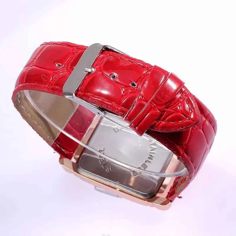Fashion Women Watches Luxury Metal Rose Gold Square Ladies Quartz Wristwatch Rectangle Red Leather Female Clock - Maliame Store