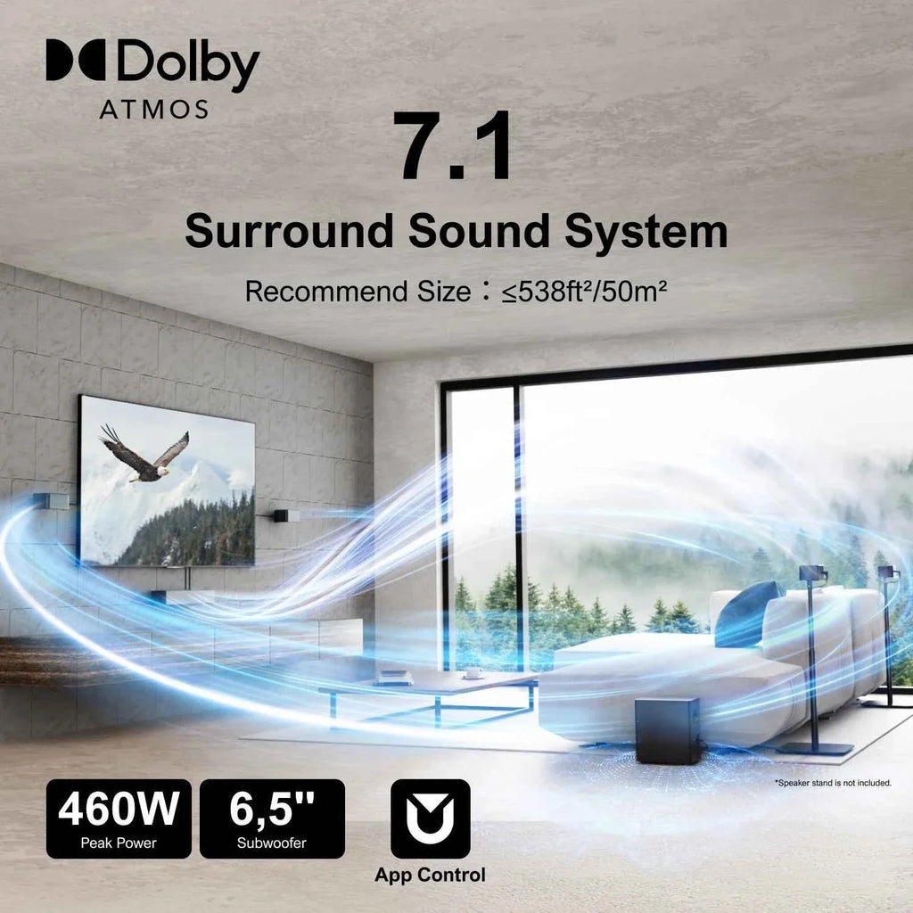 ULTIMEA Poseidon D80 7.1 Surround Soundbar with Dolby Atmos, Wireless Subwoofer&4 Speakers, Home Theater System with APP Control - Maliame Store