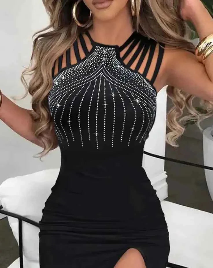 Sexy Dress for Women Rhinestone Decor Elegant Fashion Multi-Strap High Slit O-Neck Sleeveless Maxi Skinny Female Party Dress