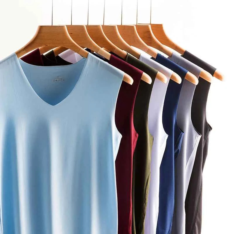 Silk Tank Tops Seamless Mens Vest Sleeveless Sport Bodysuit Vest For Men Clothing Plain Casual Summer Tank Undershirts Cool Gym