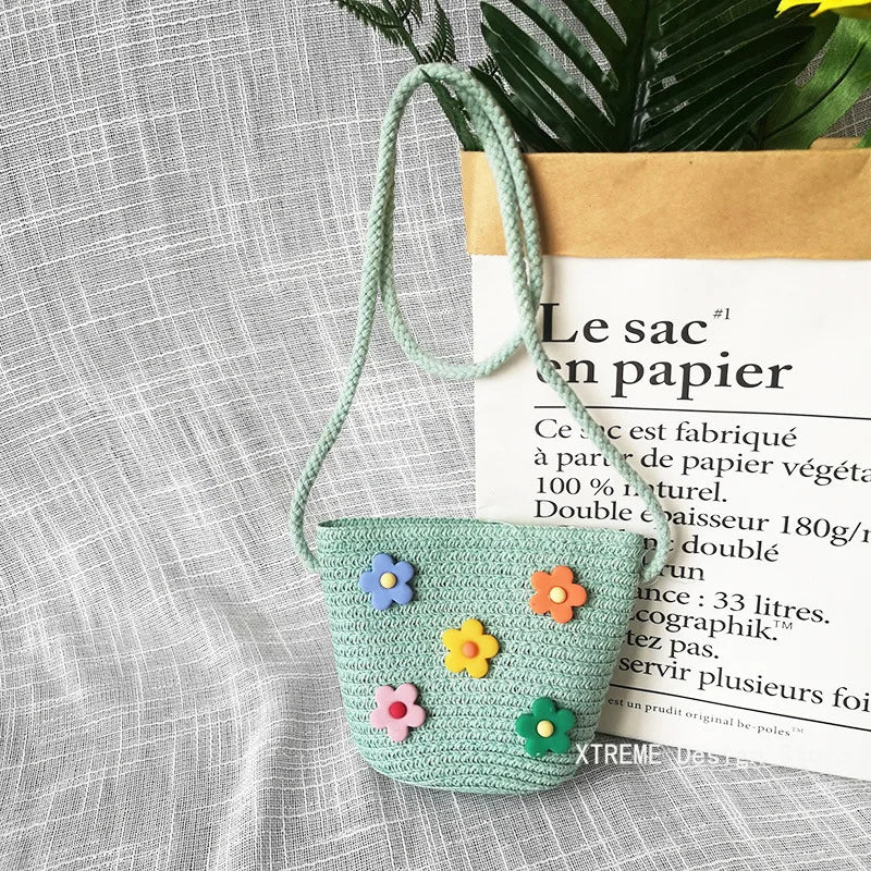 Summer Children's Straw Woven Messenger Bag Lovely Girls Small Coin Purse Handbags Baby Kids Mini Shoulder Bags Princess Wallet - Maliame Store