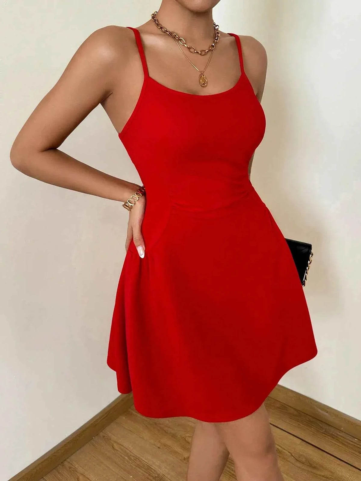 A lady's cinched waist, tight red halter top, A-line mini dress, elegant vacation, daily dance, party - Maliame Store