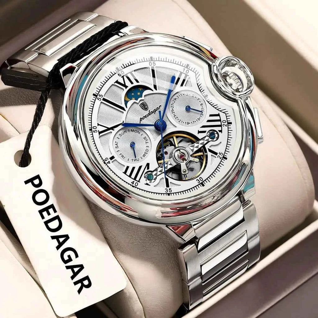 POEDAGAR Luxury Business Male Watch Date Week Stainless Steel Tourbillon Men Clock Waterproof Automatic Mechanical Men's Watches - Maliame Store
