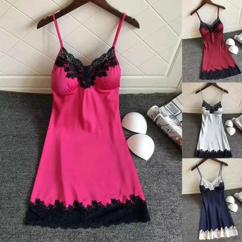 Sexy Women  Silk Robe Dress Nightdress Soft Lace Casual Nightgown Straps Sleepwear Nightdres