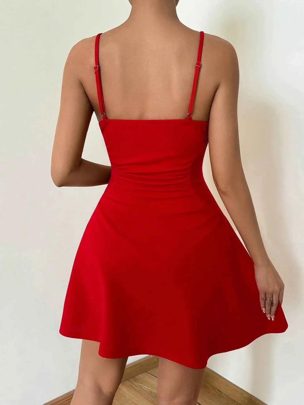 A lady's cinched waist, tight red halter top, A-line mini dress, elegant vacation, daily dance, party - Maliame Store