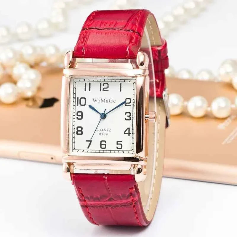 Fashion Women Watches Luxury Metal Rose Gold Square Ladies Quartz Wristwatch Rectangle Red Leather Female Clock - Maliame Store