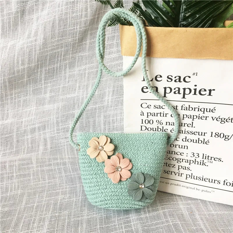 Summer Children's Straw Woven Messenger Bag Lovely Girls Small Coin Purse Handbags Baby Kids Mini Shoulder Bags Princess Wallet - Maliame Store