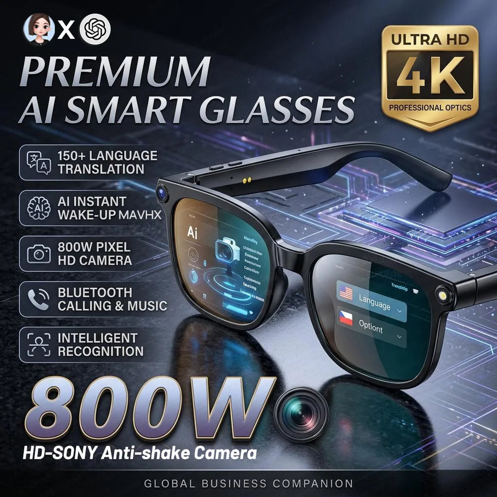 Lunettes intelligentes 4K 8MP Homme avec caméra HD 2026, traduction plus de 150 langues, ChatGPT, enregistrement vidéo WIFI, appel Bluetooth, lunettes audio Femme