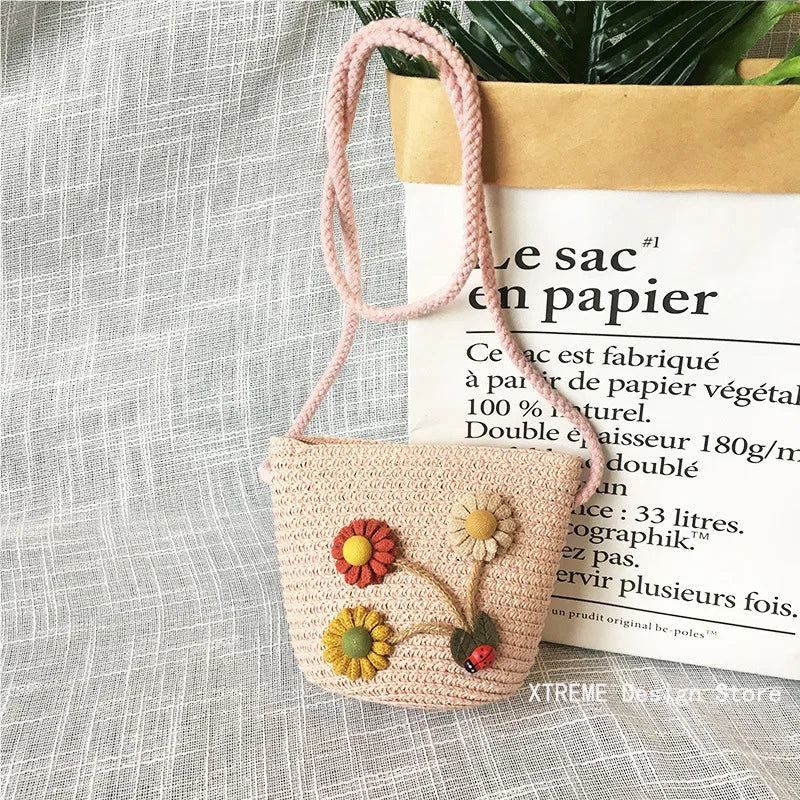 Summer Children's Straw Woven Messenger Bag Lovely Girls Small Coin Purse Handbags Baby Kids Mini Shoulder Bags Princess Wallet - Maliame Store