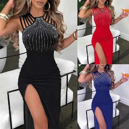 Sexy Dress for Women Rhinestone Decor Elegant Fashion Multi-Strap High Slit O-Neck Sleeveless Maxi Skinny Female Party Dress