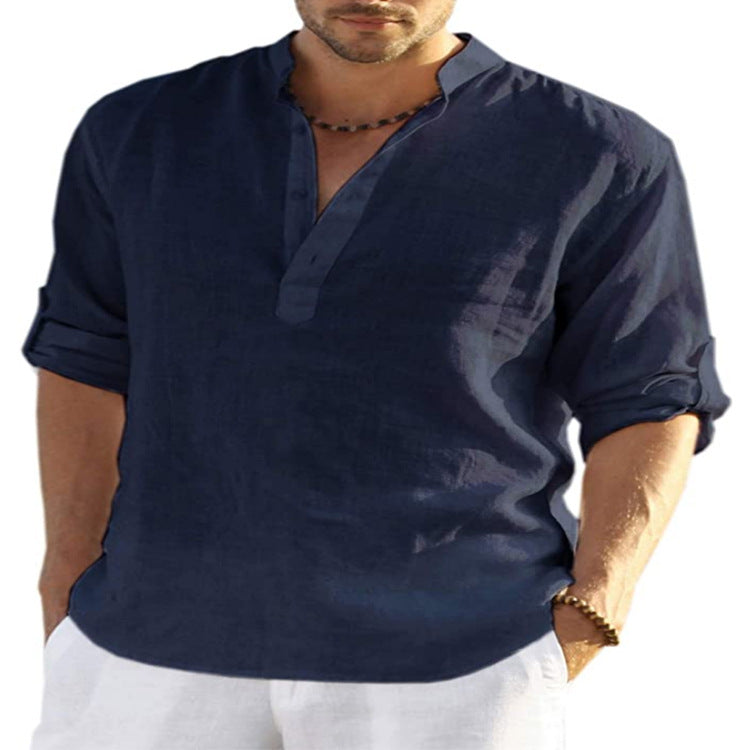 Men's Casual Linen Shirt - Cotton Linen Solid Color Long Sleeve with Loose Stand Collar - Maliame Store