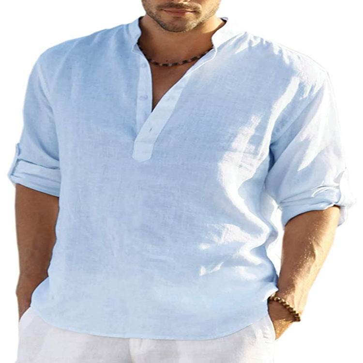 Men's Casual Linen Shirt - Cotton Linen Solid Color Long Sleeve with Loose Stand Collar - Maliame Store