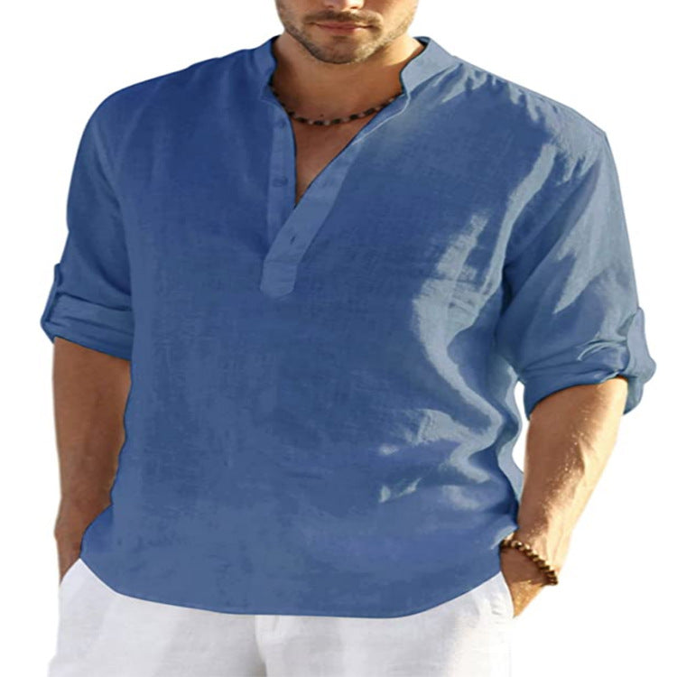 Men's Casual Linen Shirt - Cotton Linen Solid Color Long Sleeve with Loose Stand Collar - Maliame Store