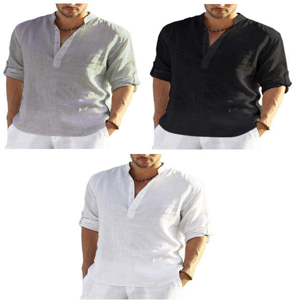Men's Casual Linen Shirt - Cotton Linen Solid Color Long Sleeve with Loose Stand Collar - Maliame Store