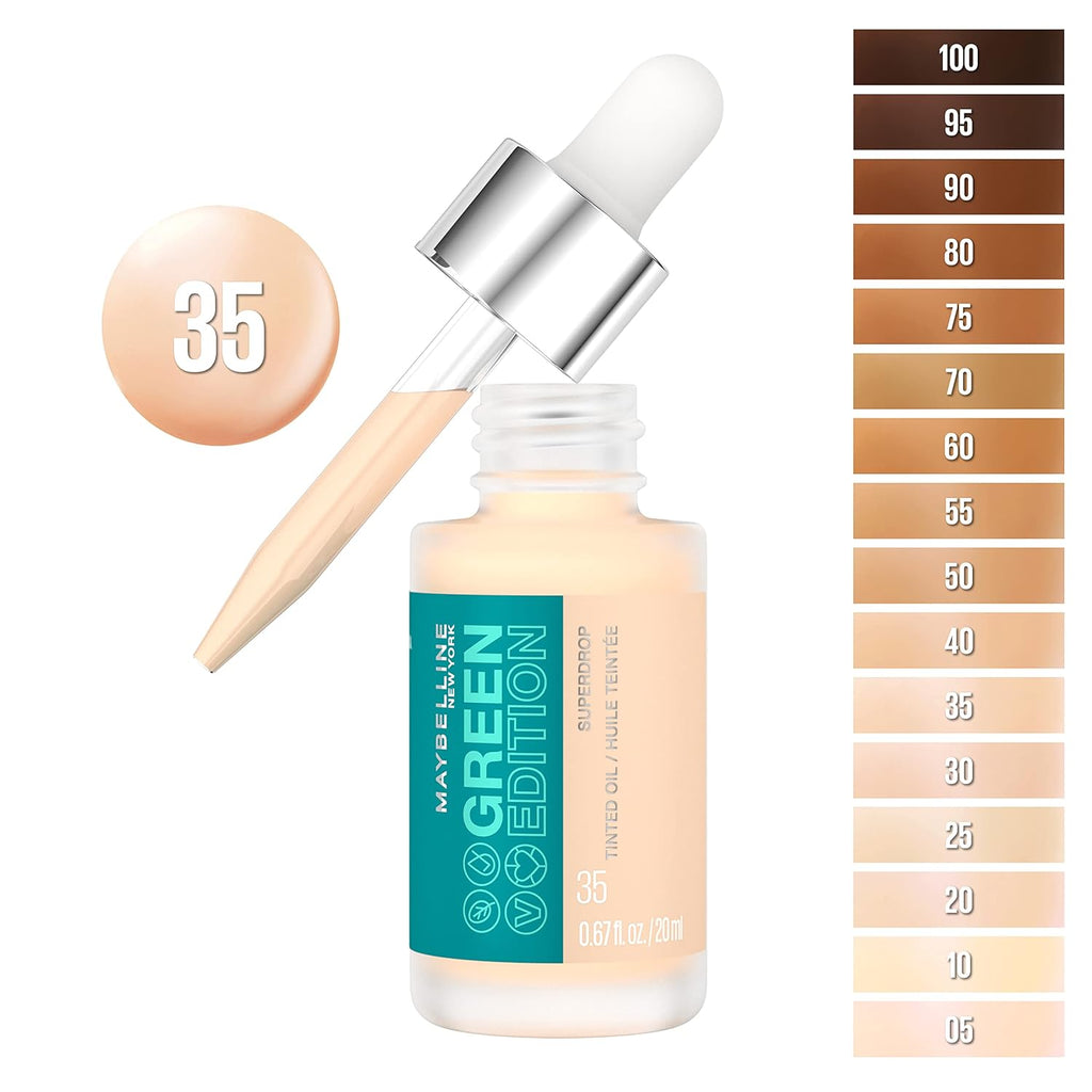 Green Edition Superdrop Tinted Oil Base Makeup, Adjustable Natural Coverage Foundation Formulated with Jojoba & Marula Oil, 35, 1 Count