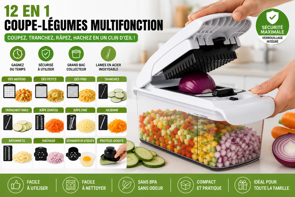 Coupe-Légumes Multifonction 12 en 1 – Hachoir Manuel avec Lames en Acier Inoxydable
