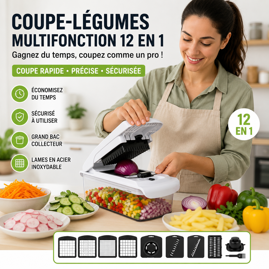 Coupe-Légumes Multifonction 12 en 1 – Hachoir Manuel avec Lames en Acier Inoxydable