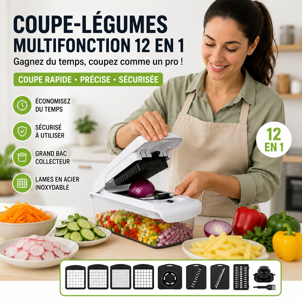 Coupe-Légumes Multifonction 12 en 1 – Hachoir Manuel avec Lames en Acier Inoxydable
