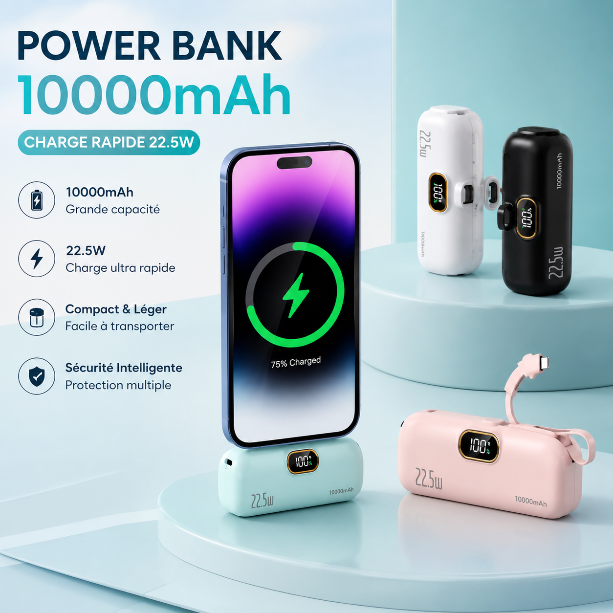 Google Mini Power Bank 10000 mAh 22,5 W – Batterie Externe Charge Rapide, Câbles Intégrés
